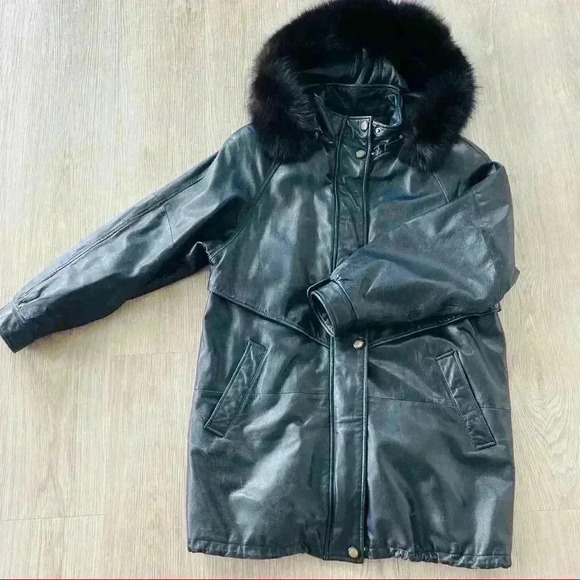 VINTAGE BLACK LEATHER FUR WINTER  WOMAN COAT SIZE XS - Picture 15 of 16